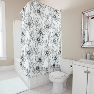 Modern Botanical Black and White Floral Pattern Shower Curtain