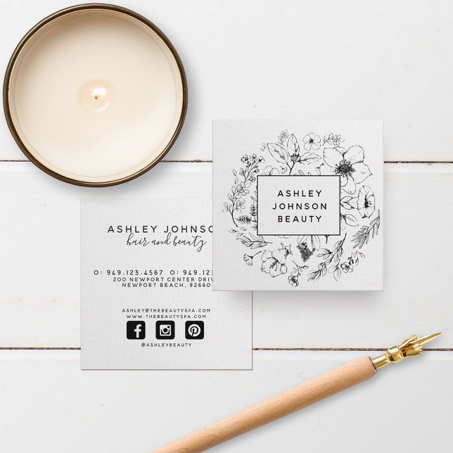 Modern Botanical Black and White Square Business Card (Creator Uploaded)