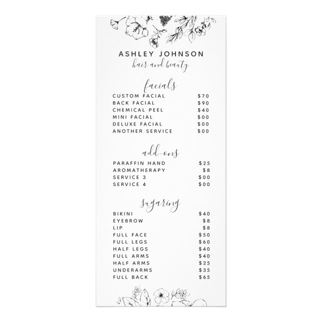 Modern Botanical Black & White Spa 3 Services Menu (Front)
