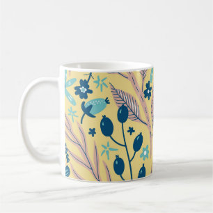 Modern Botanical Blue Floral Pattern on Beige Coffee Mug