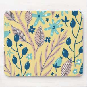 Modern Botanical Blue Floral Pattern on Beige Mouse Pad