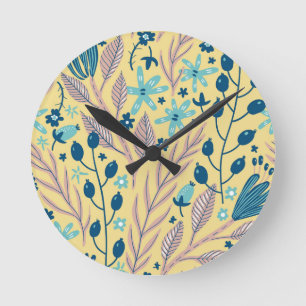 Modern Botanical Blue Floral Pattern on Beige Round Clock