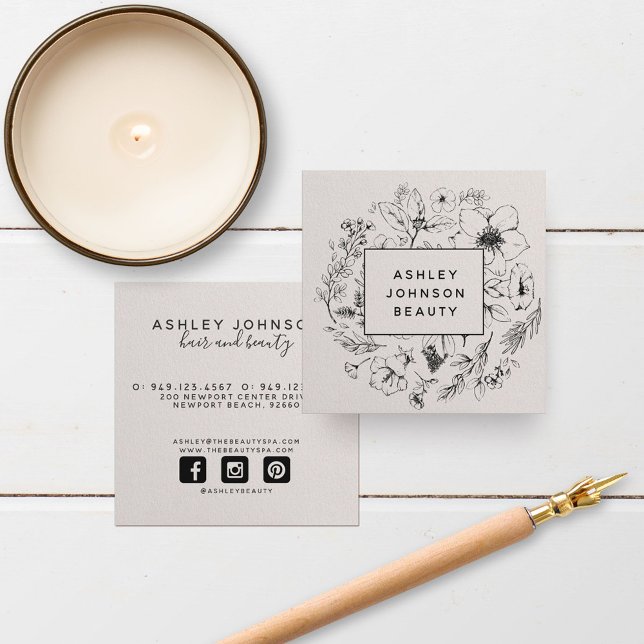 Modern Botanical Blush and Black Square Business Card (Easily personalize this business card with your unique details for a fresh, beautiful brand!)