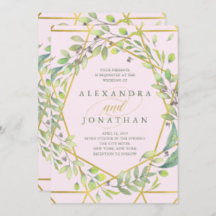 Modern Botanical   Blush and Faux Gold Wedding Invitation