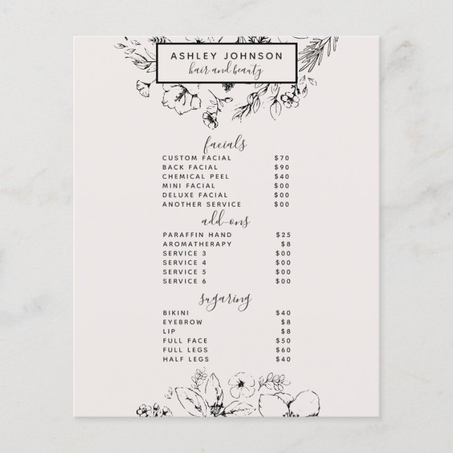 Modern Botanical Blush Black 3 Services Spa Menu (Front)
