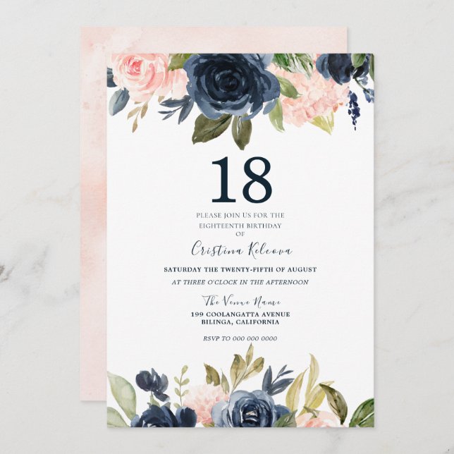 Modern Botanical Blush & Navy Floral 18th Birthday Invitation (Front/Back)