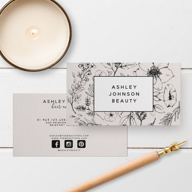 Modern Botanical Blush Pink White and Black Business Card (Creator Uploaded)