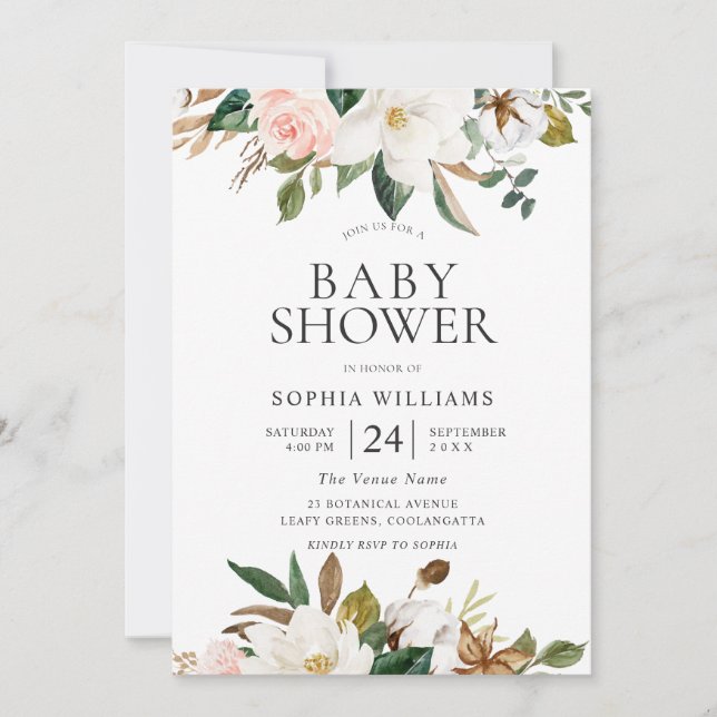Modern Botanical Blush & White Floral Baby Shower Invitation (Front)