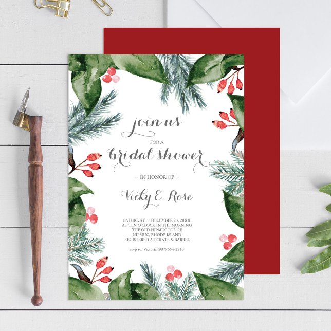 Modern Botanical Boarder Christmas Bridal Shower Invitation (Creator Uploaded)