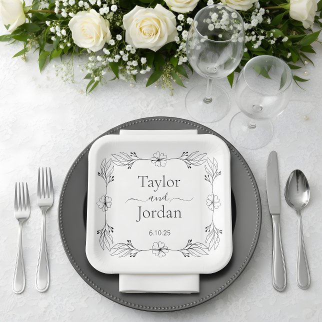Modern Botanical Border Custom Name Wedding  Paper Plate (Creator Uploaded)