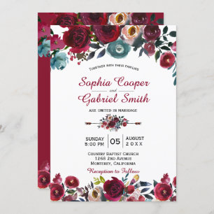 Modern Botanical Burgundy Navy Floral Wedding Invitation