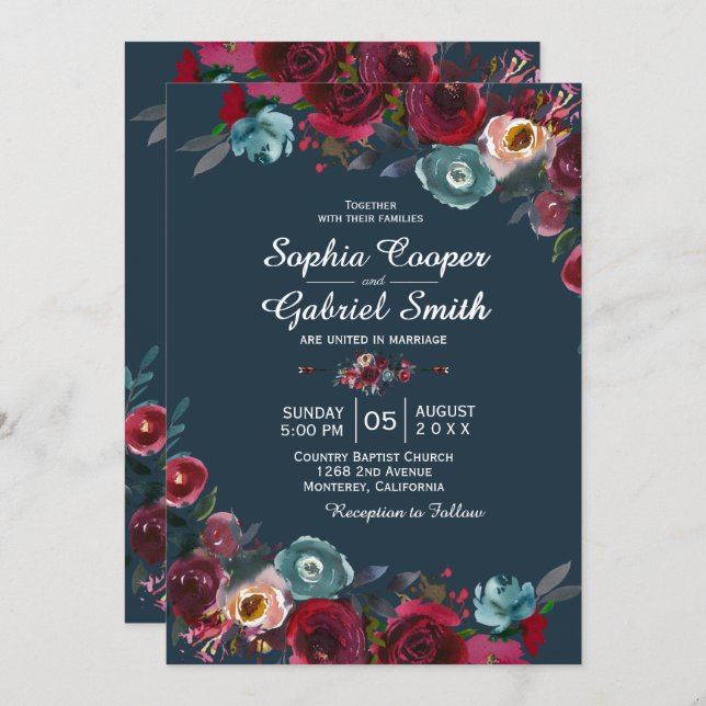 Modern Botanical Burgundy Navy Floral Wedding Invitation (Front/Back)