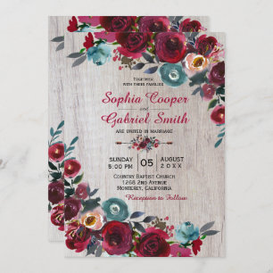 Modern Botanical Burgundy Navy Floral Wood Wedding Invitation