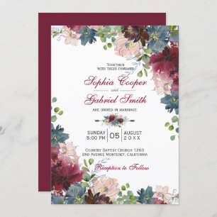 Modern Botanical Burgundy Navy Pink Floral Wedding Invitation
