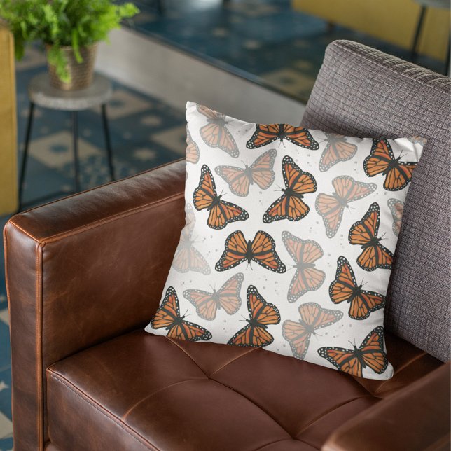 Modern Botanical Butterflies Pattern Cushion (Monarch butterflies pattern throw pillow. )