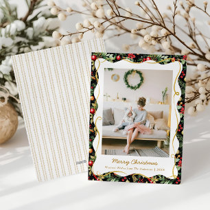 Modern Botanical Christmas Black and Gold 1 Photo Holiday Card