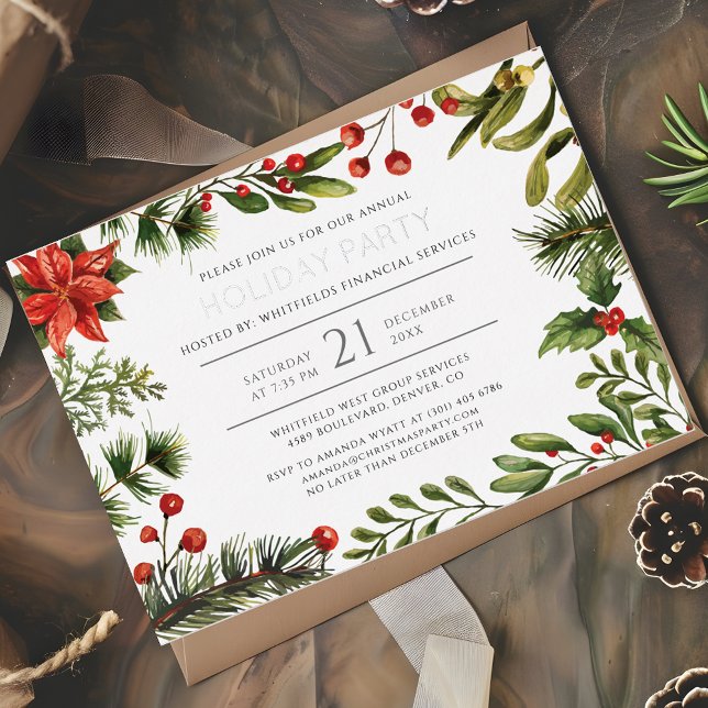 Modern Botanical Christmas Party Silver (Christmas Holidays Botanical Corporate Party Invitation)