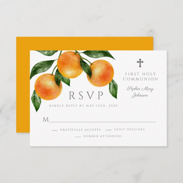 Modern Botanical Citrus Religious First Communion  RSVP Card (Front/Back)