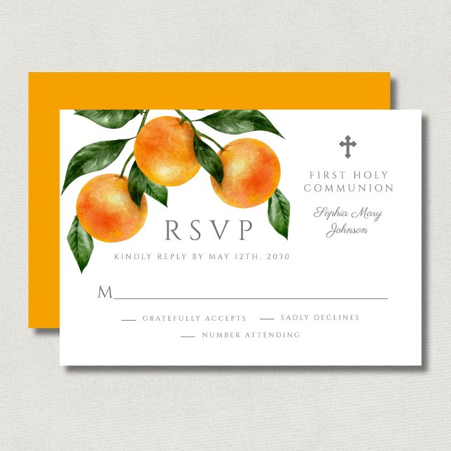 Modern Botanical Citrus Religious First Communion  RSVP Card (Modern Botanical Citrus Religious First Communion RSVP Card)
