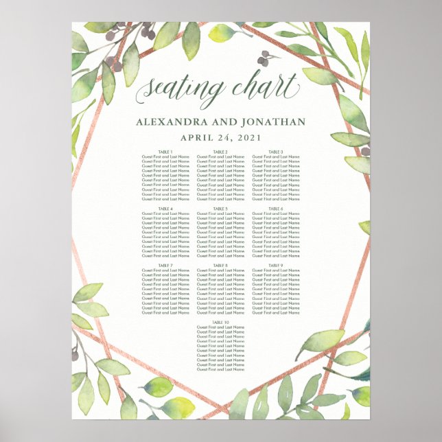 Modern Botanical Copper Look Wedding Seating Chart (Front)