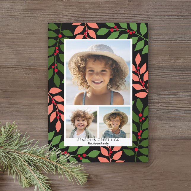 Modern botanical coral black green - 3 photo holiday card (A berry botanical holiday card with coral, green and black leaves and berries. 3 photos)