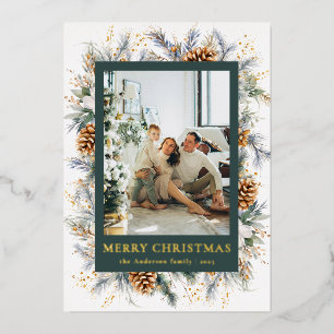 Modern Botanical Dark Forest Green Merry Christmas Foil Holiday Card