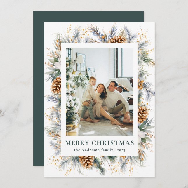 Modern Botanical Dark Forest Green Merry Christmas Holiday Card (Front/Back)