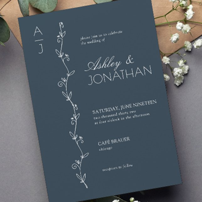 Modern Botanical Divider Navy Blue Wedding Invitation (Creator Uploaded)