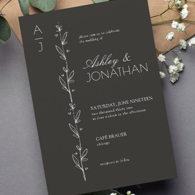 Modern Botanical Divider Wedding Black Invitation (Creator Uploaded)