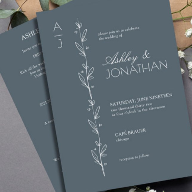 Modern Botanical Divider Wedding Blue All-in-One Invitation (Creator Uploaded)