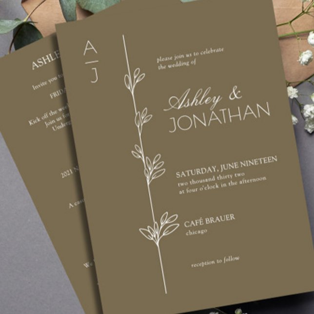 Modern Botanical Divider Wedding Brown All-in-One Invitation (Creator Uploaded)