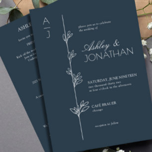 Modern Botanical Divider Wedding Navy All-in-One Invitation