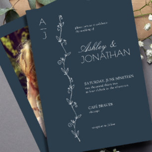 Modern Botanical Divider Wedding Navy Blue Photo Invitation