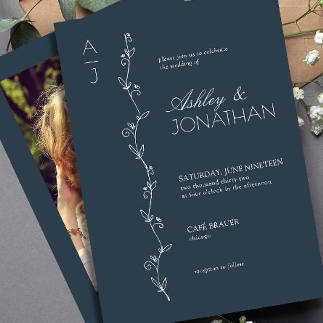 Modern Botanical Divider Wedding Navy Blue Photo Invitation (Creator Uploaded)