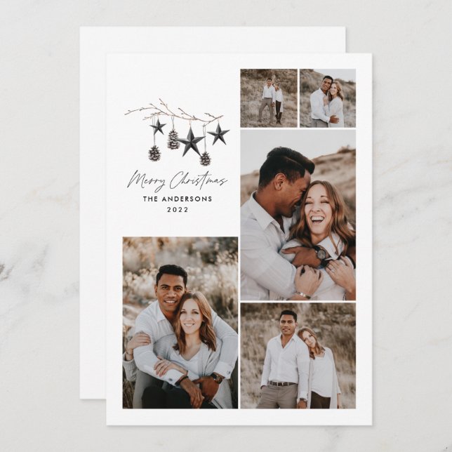 Modern botanical elegant black white stylish holid holiday card (Front/Back)