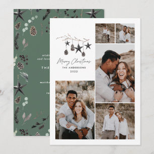 Modern botanical elegant green white stylish holiday card