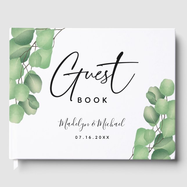 Modern Botanical Eucalyptus Foliage Wedding Guest Book (Front)