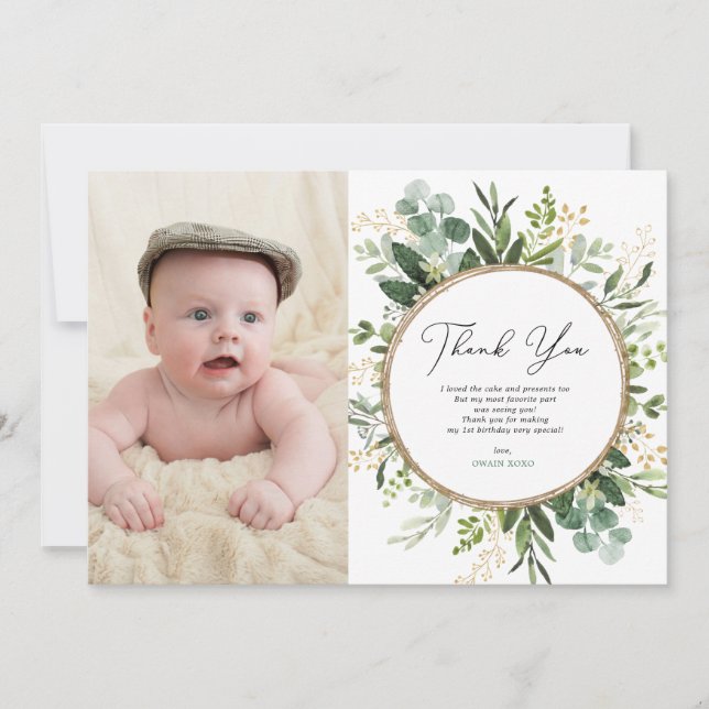 Modern Botanical Eucalyptus Greenery 1st Birthday Thank You Card (Front)