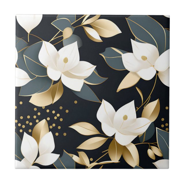 Modern Botanical Eucalyptus in Gold Ceramic Tile (Front)