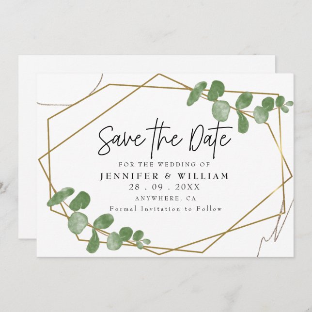 Modern Botanical Eucalyptus Save the Date Card (Front/Back)