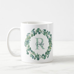 Modern Botanical Eucalyptus Wreath Personalised Coffee Mug