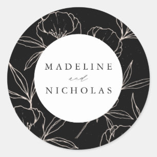 Modern Botanical Floral Black & Cream Wedding Classic Round Sticker