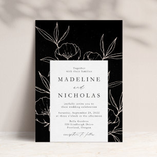 Modern Botanical Floral Black & Cream Wedding Invitation