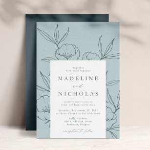 Modern Botanical Floral Blue & Slate Navy Wedding Invitation