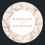 Modern Botanical Floral Cream & Cinnamon Wedding Classic Round Sticker<br><div class="desc">Elegant,  floral wedding stickers featuring your names in cinnamon with a background of floral line art against a speckled cream background. Personalised wedding stickers perfect to use for envelope seals and to seal wedding favour bags. Designed to coordinate with our Modern Botanical Floral wedding collection.</div>