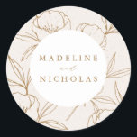 Modern Botanical Floral Cream & Gold Wedding Classic Round Sticker<br><div class="desc">Elegant,  floral wedding stickers featuring your names in gold with a background of floral line art against a speckled cream background. Personalised wedding stickers perfect to use for envelope seals and to seal wedding favour bags. Designed to coordinate with our Modern Botanical Floral wedding collection.</div>