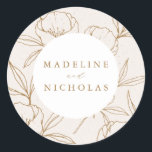 Modern Botanical Floral Cream & Gold Wedding Classic Round Sticker<br><div class="desc">Elegant,  floral wedding stickers featuring your names in gold with a background of floral line art against a speckled cream background. Personalised wedding stickers perfect to use for envelope seals and to seal wedding favour bags. Designed to coordinate with our Modern Botanical Floral wedding collection.</div>