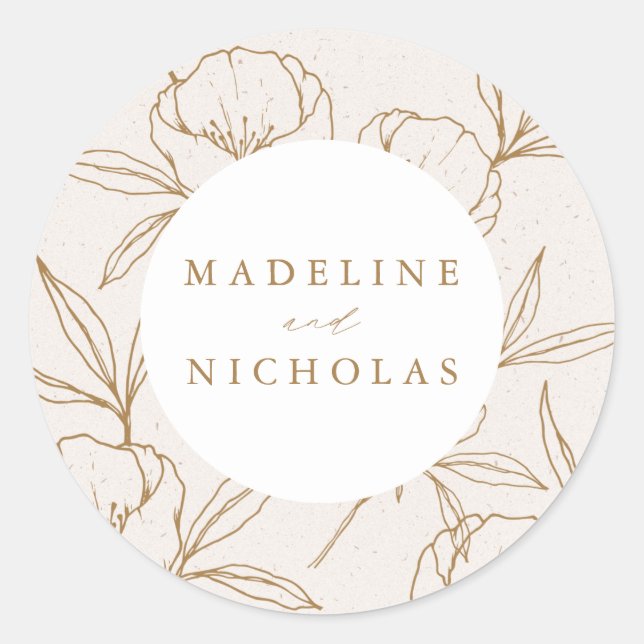 Modern Botanical Floral Cream & Gold Wedding Classic Round Sticker (Front)