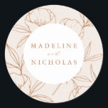 Modern Botanical Floral Cream & Terracotta Wedding Classic Round Sticker<br><div class="desc">Elegant,  floral wedding stickers featuring your names in terracotta brown with a background of floral line art against a speckled cream background. Personalised wedding stickers perfect to use for envelope seals and to seal wedding favour bags. Designed to coordinate with our Modern Botanical Floral wedding collection.</div>