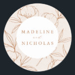 Modern Botanical Floral Cream & Terracotta Wedding Classic Round Sticker<br><div class="desc">Elegant,  floral wedding stickers featuring your names in terracotta brown with a background of floral line art against a speckled cream background. Personalised wedding stickers perfect to use for envelope seals and to seal wedding favour bags. Designed to coordinate with our Modern Botanical Floral wedding collection.</div>